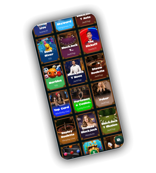 Cuadricula de tragamonedas de Rivo Casino en una pantalla movil con distintivos dorados